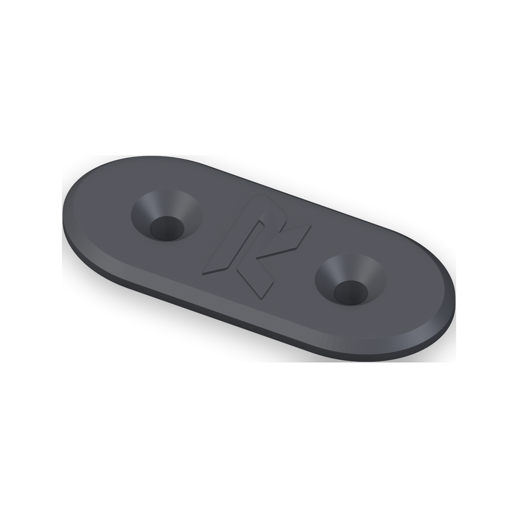 Rogue Performance ASA-CF mirror block-off plate for BMW S1000RR, angled view showing the countersunk bolt holes and embossed Rogue R