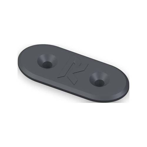 Rogue Performance ASA-CF mirror block-off plate for BMW S1000RR, angled view showing the countersunk bolt holes and embossed Rogue R
