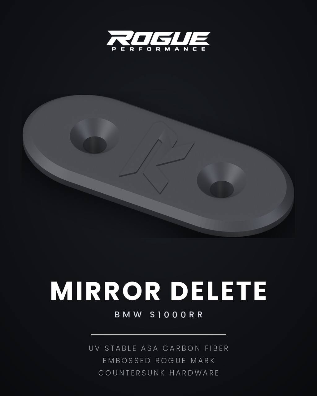 Rogue Performance mirror delete for the BMW S1000RR, product graphic